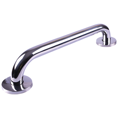 A polished metal grab rail with two circular mounting plates at each end, designed for wall installation.