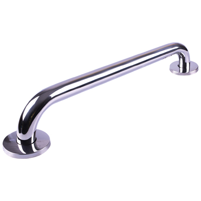 A chrome metal grab rail with rounded ends, mounted on two circular wall plates, shown against a white background.