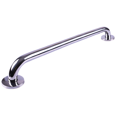 A stainless steel grab rail with a polished finish, mounted on two round bases.