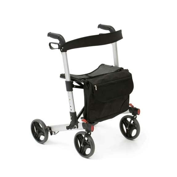 The X Fold Rollator, a lightweight four-wheel walking frame with a padded seat, black storage bag, and ergonomic handles, is shown against a white background.