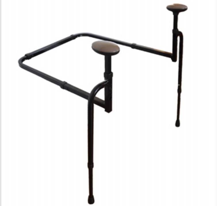 The Stander EZ Stand N Go is a black metal stand with three adjustable legs, two featuring round padded tops, designed to provide support or hold objects.