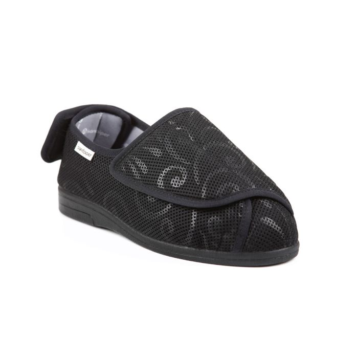 A single black orthopaedic slipper with a wide, adjustable Velcro fastening and a breathable mesh upper, shown on a plain white background.