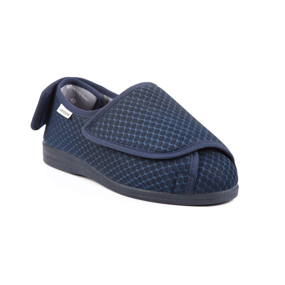 A single navy blue orthopaedic slipper with a textured mesh surface and an adjustable hook-and-loop fastening on a white background.