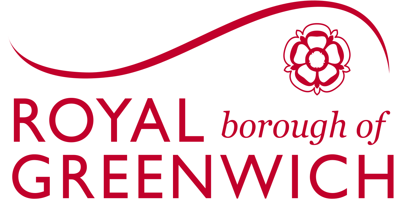Logo for the Royal Borough of Greenwich featuring red text and a stylised red and white rose emblem with a curved line above the text.