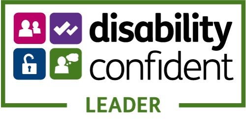 Disability Confident Leader logo with icons for people, a tick, an unlocked padlock, and a thought bubble.