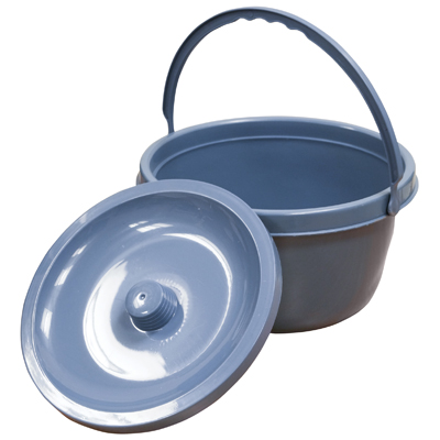 The 7.5L Commode Bucket and Lid is a blue plastic bucket with a handle and a matching removable lid, shown with the lid placed beside the bucket.