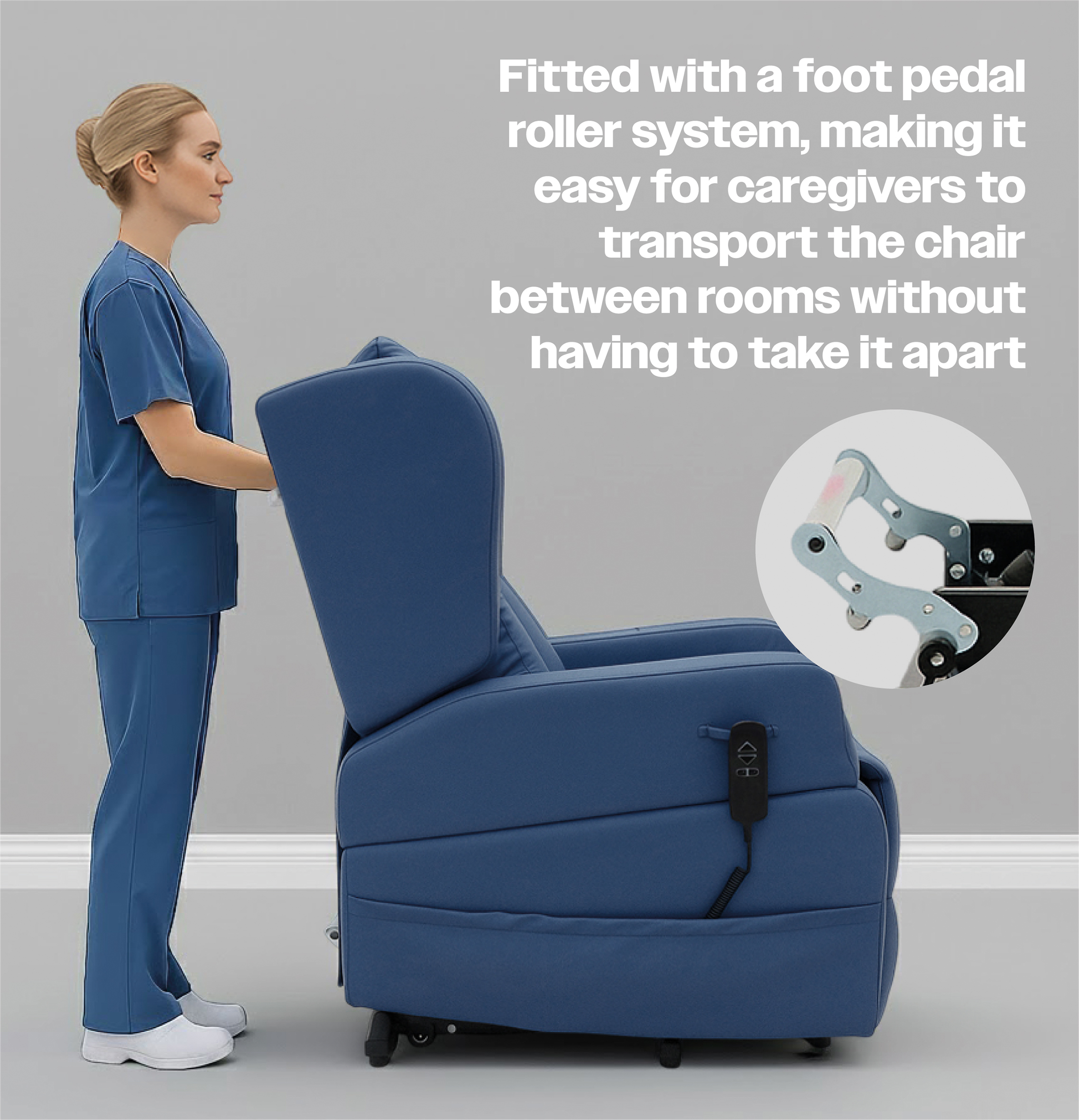 A carer in scrubs stands behind the Barrowfield Rise and Recline Chair, featuring a blue design and a foot pedal castor system for easy mobility between rooms.