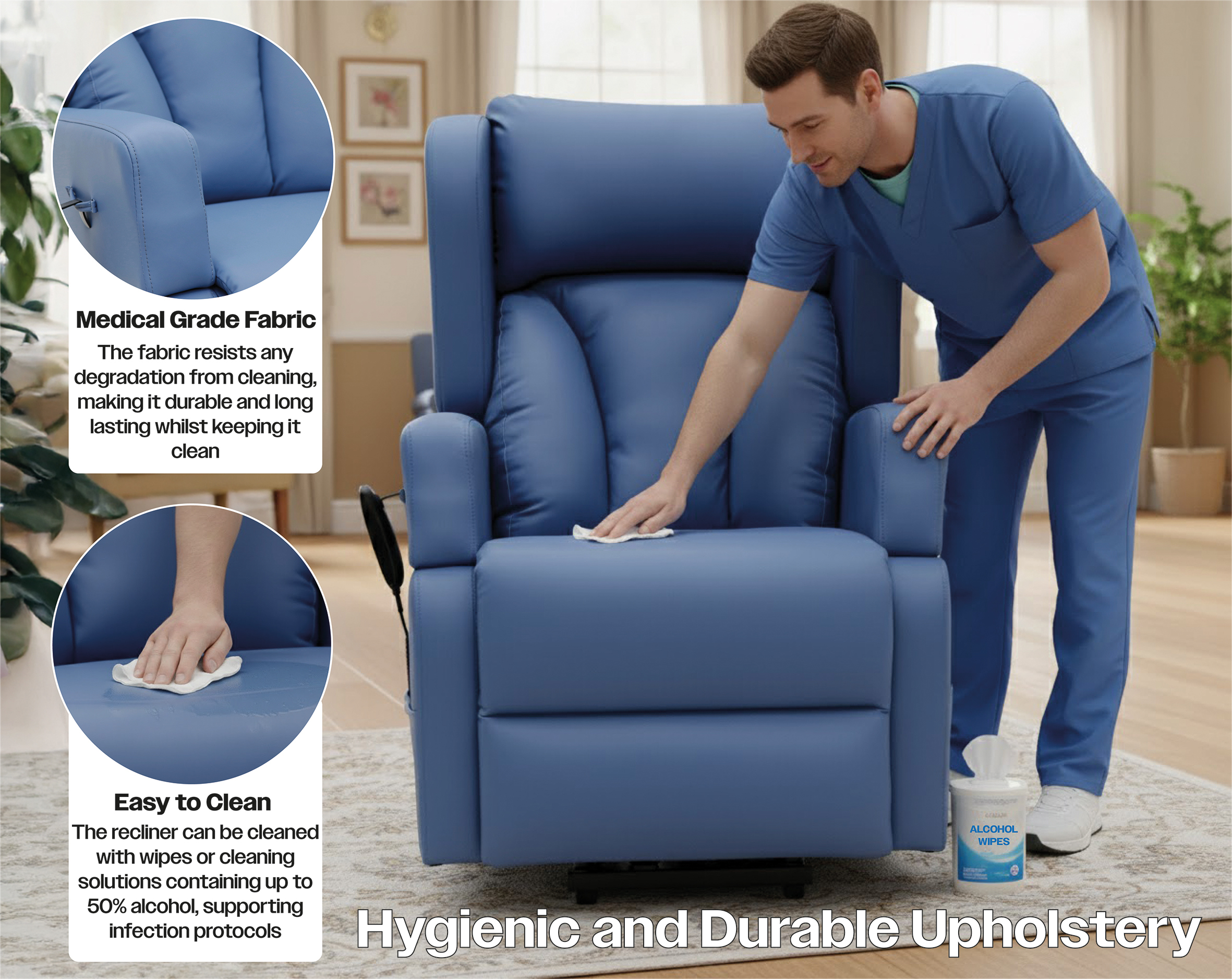A man in medical scrubs wipes the Barrowfield Rise and Recline Chair with alcohol, highlighting its easy-to-clean, durable medical-grade upholstery.