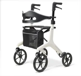 A modern, white and black four-wheeled rollator walker with a seat, backrest, and storage pouch underneath.