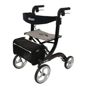 A black four-wheel rollator walker with a padded seat, backrest, storage pouch, and hand brakes, labelled "drive" and "NITRO.