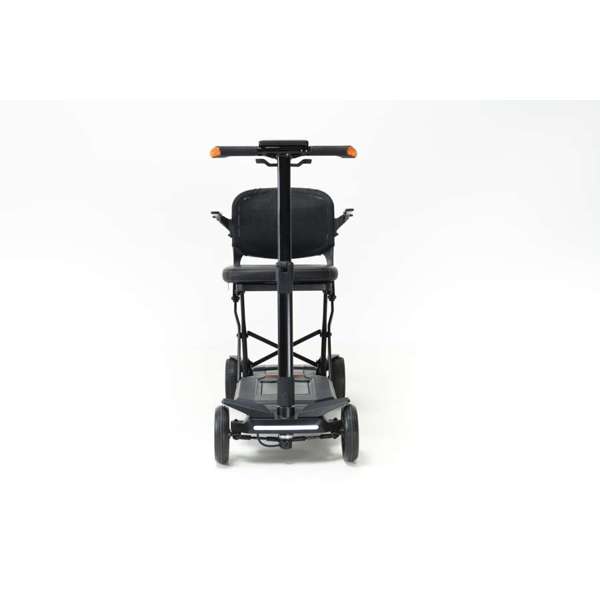 Front view of a compact, four-wheeled mobility scooter with a black seat and handlebars, shown against a white background.