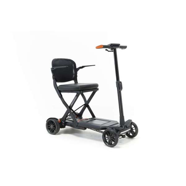 The AeroCarbon – Folding scooter, a four-wheeled electric mobility scooter featuring a black cushioned seat, backrest, and handlebars, is shown folded against a plain white background.