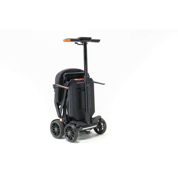 A compact, foldable electric scooter with four wheels and a tall handlebar, photographed against a plain white background.