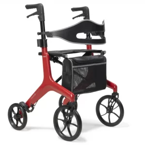 Red rollator with four large wheels, a black seat, a detachable back support, and a mesh storage bag underneath.