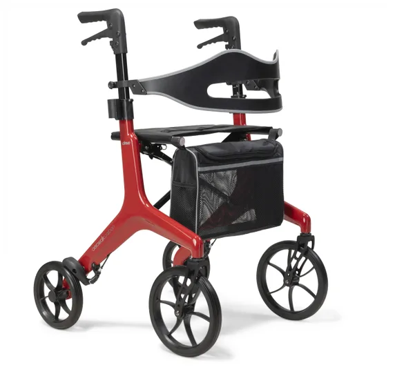 Red rollator with four large wheels, a black seat, a detachable back support, and a mesh storage bag underneath.