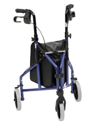 A blue rollator with four wheels, hand brakes, padded seat, and a black storage bag attached below the seat.