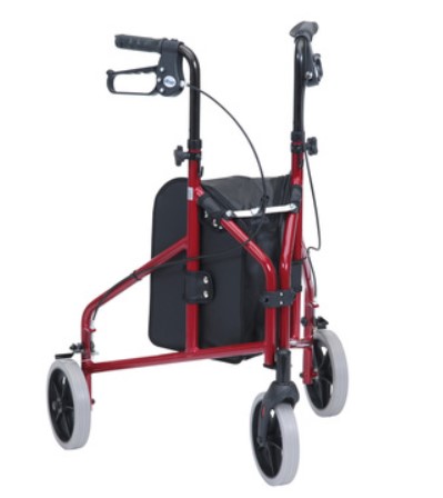 Ultra Lightweight Tri-Walker in red, featuring three wheels, a black storage bag, and hand brakes to assist with mobility.