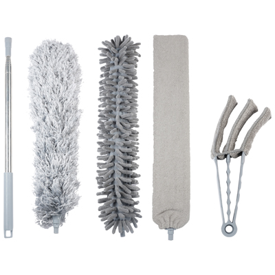 Five grey cleaning tools from the 5 piece Professional Duster Kit With Extendable Telescopic Pole are arranged vertically: a telescopic handle, two types of dusters, a flat microfibre cleaning pad, and a window blind cleaner with microfibre covers.