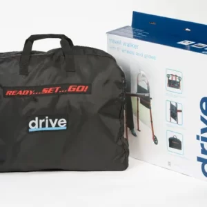 A black Ready Set Go Travel Walker carrying bag is shown next to its product box, which features images and product information about the walking frame.