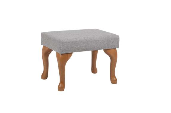 Rectangular stool with a grey cushioned seat and four curved wooden legs, shown against a plain white background.