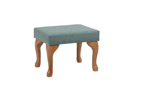 Rectangular ottoman with light wooden cabriole legs and a green upholstered cushion, set against a plain white background.