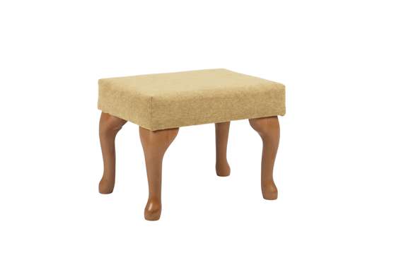 Rectangular beige upholstered footstool with four curved wooden legs, isolated on a white background.