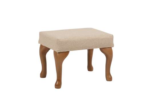 A small rectangular stool with a beige cushioned seat and four wooden curved legs, placed against a plain white background.