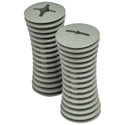 Two stacks of Universal Built-up Handles made from grey plastic, each featuring cross-shaped and slot-shaped cuts in the top.
