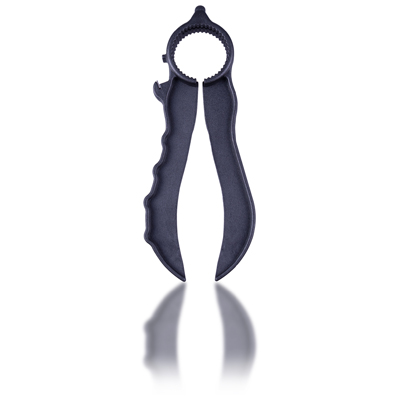 Plastic Multi Opener standing upright on a white reflective surface.