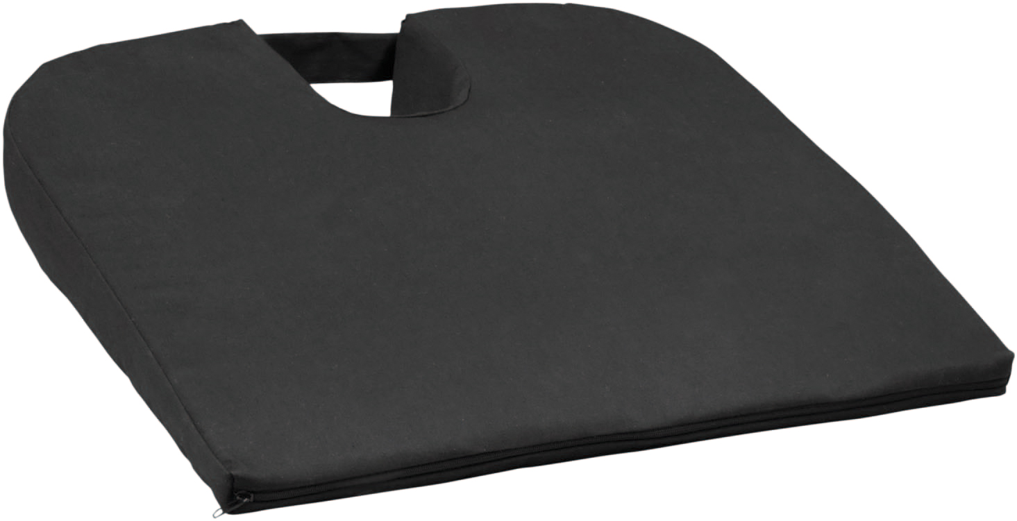 The Coccyx Wedge Cushion is a black, wedge-shaped seat cushion featuring a U-shaped cut-out and a handle at the back.