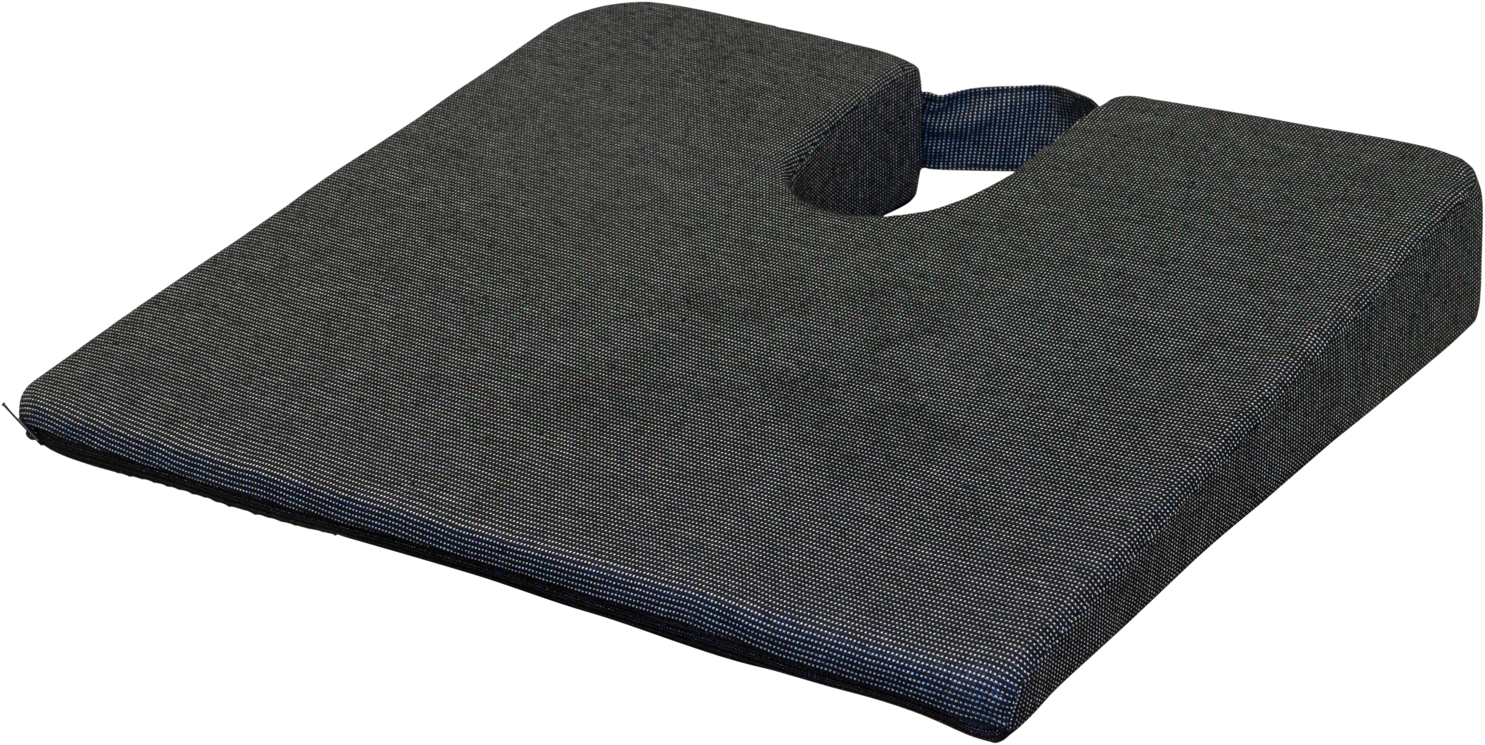 The Coccyx Wedge Cushion is a black, wedge-shaped seat cushion with a U-shaped cut-out and a handle on the back.