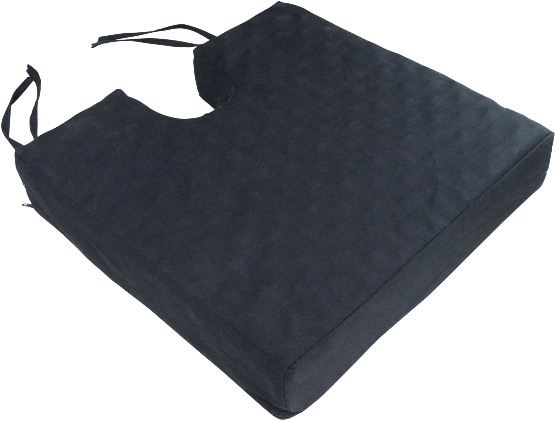 The Deluxe Pressure Relief Orthopaedic Coccyx Cushion is a black rectangular foam cushion with a coccyx cut-out, textured surface, and attached straps for secure wheelchair placement.