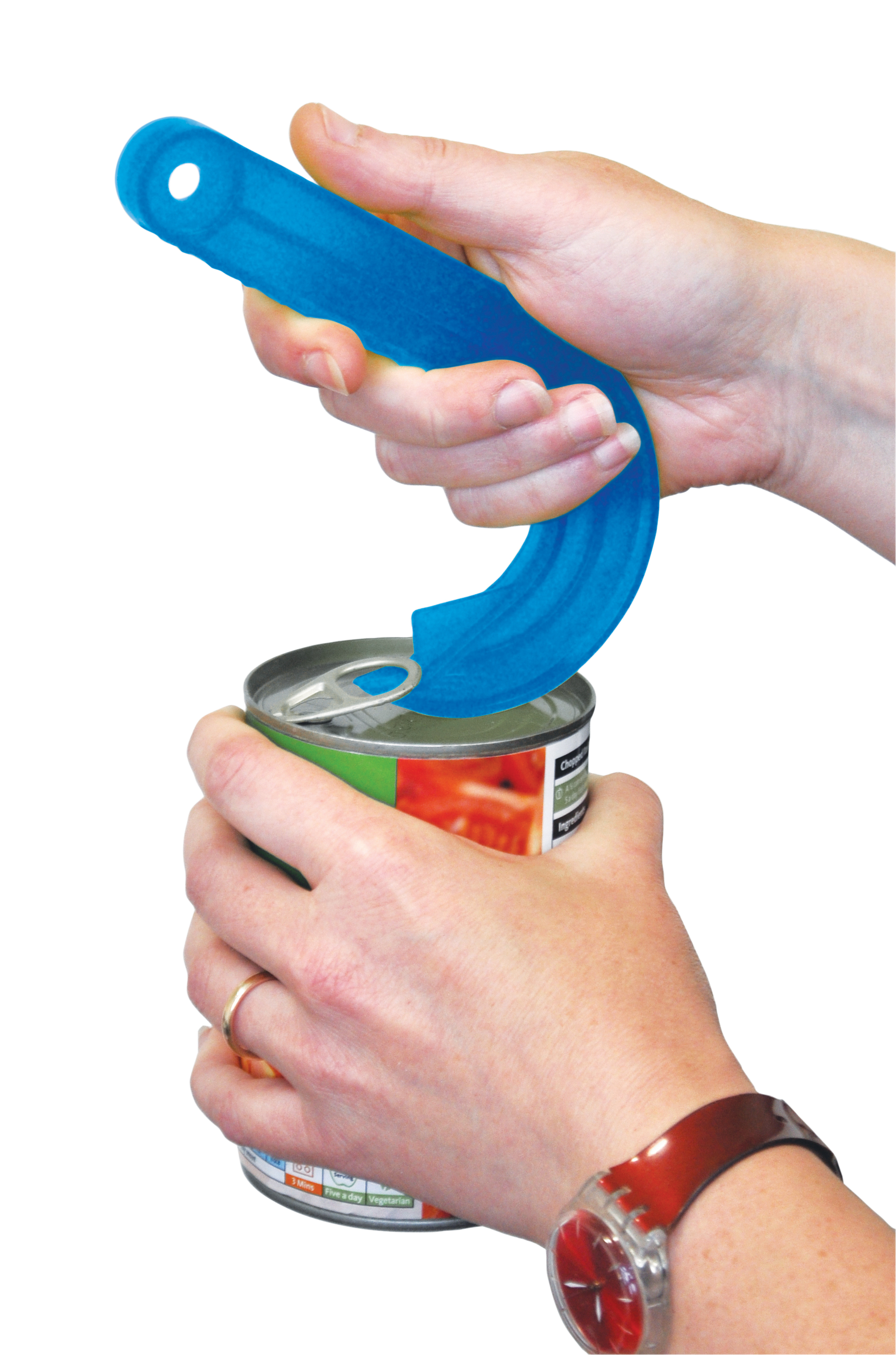 Two hands use the Ring Pull Can Opener, a blue plastic tool, to open the pull-ring of a metal tin against a white background.