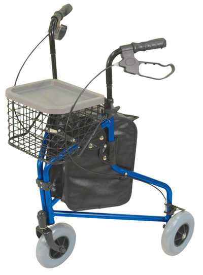 Blue three-wheeled walker with a wire basket, tray, black storage pouch, and hand brakes on ergonomic handles.