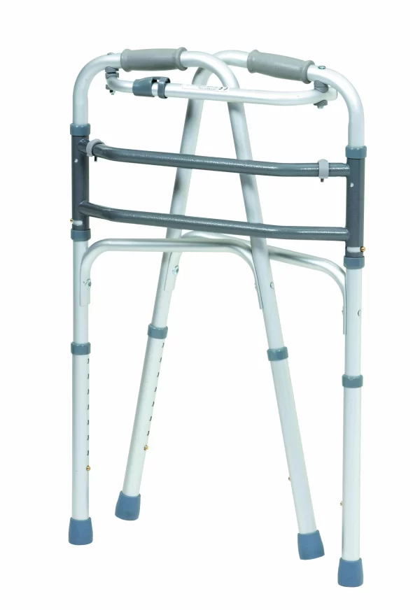 Introducing the Walking Walker: a lightweight, foldable metal mobility aid featuring rubber grips and adjustable legs for enhanced support.