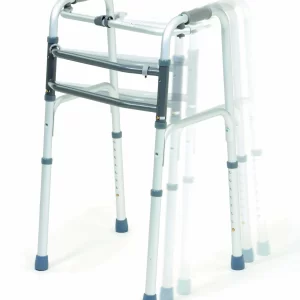 The Walking Walker, a folding aluminium walking frame with rubber tips on the legs, is displayed in both open and partially folded positions against a white background.