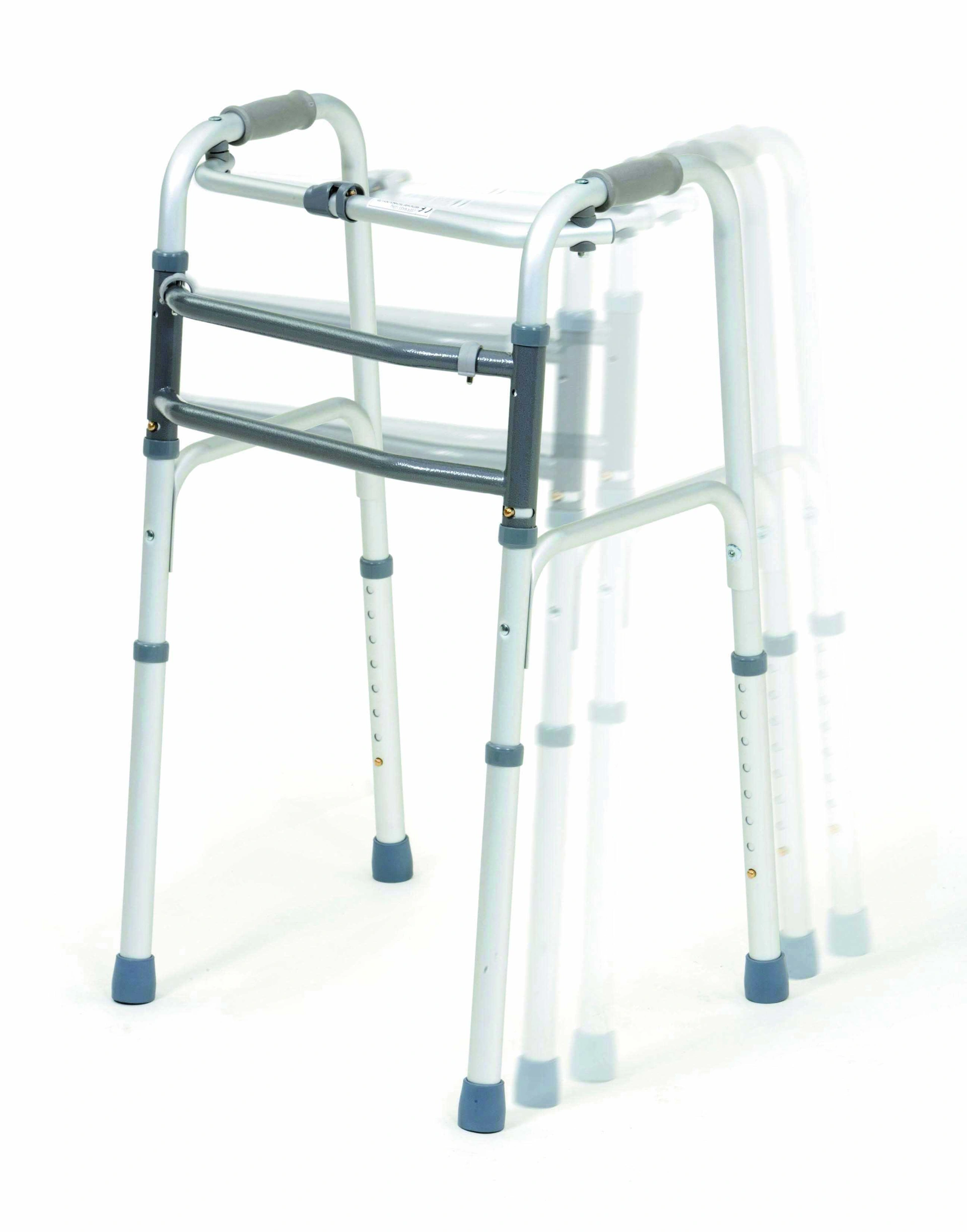 The Walking Walker, a folding aluminium walking frame with rubber tips on the legs, is displayed in both open and partially folded positions against a white background.