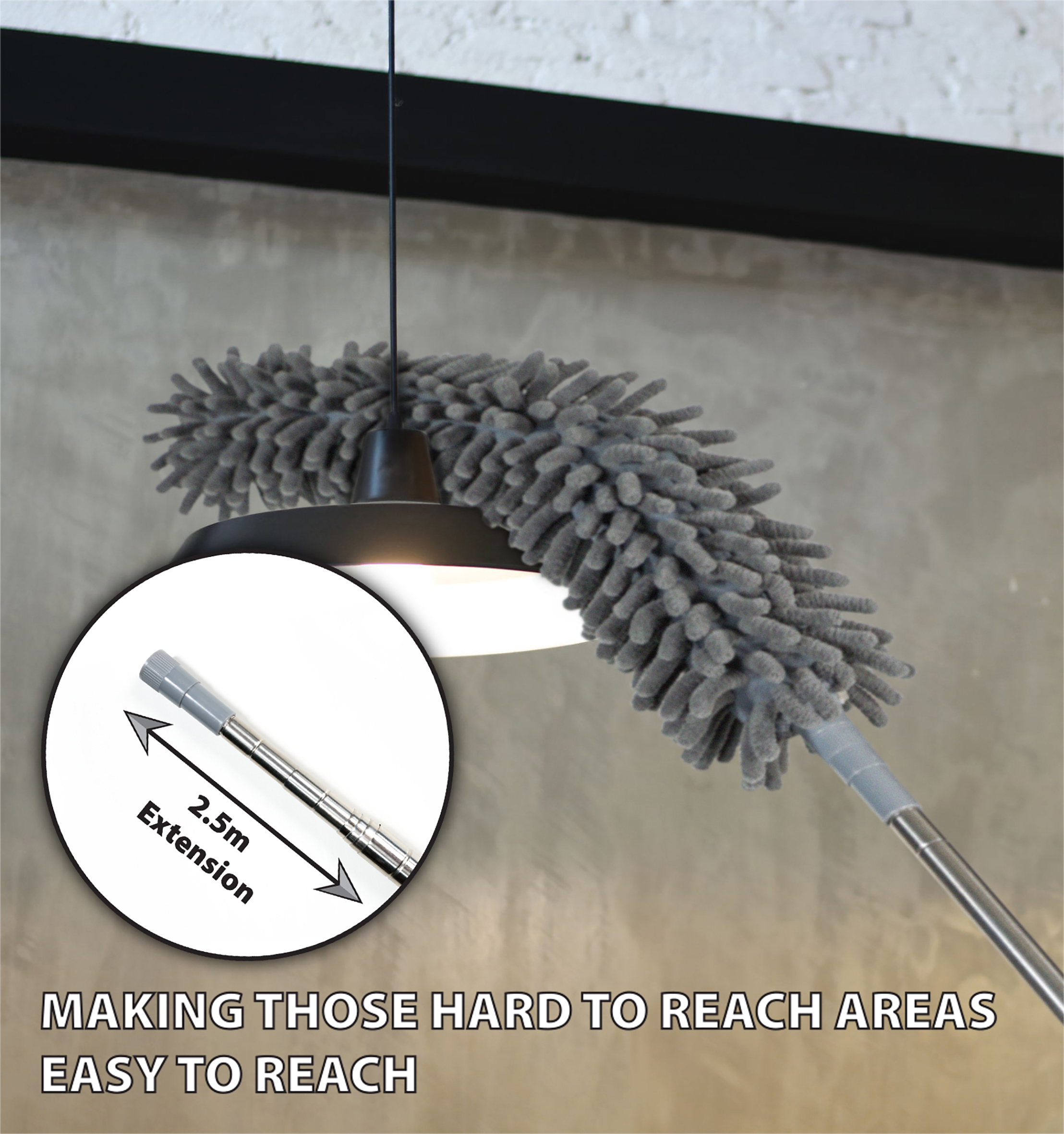 A 5 piece Professional Duster Kit With Extendable Telescopic Pole makes cleaning a hanging ceiling light easy; inset shows a telescopic pole extended to 2.5m. Text reads: "MAKING THOSE HARD TO REACH AREAS EASY TO REACH.
