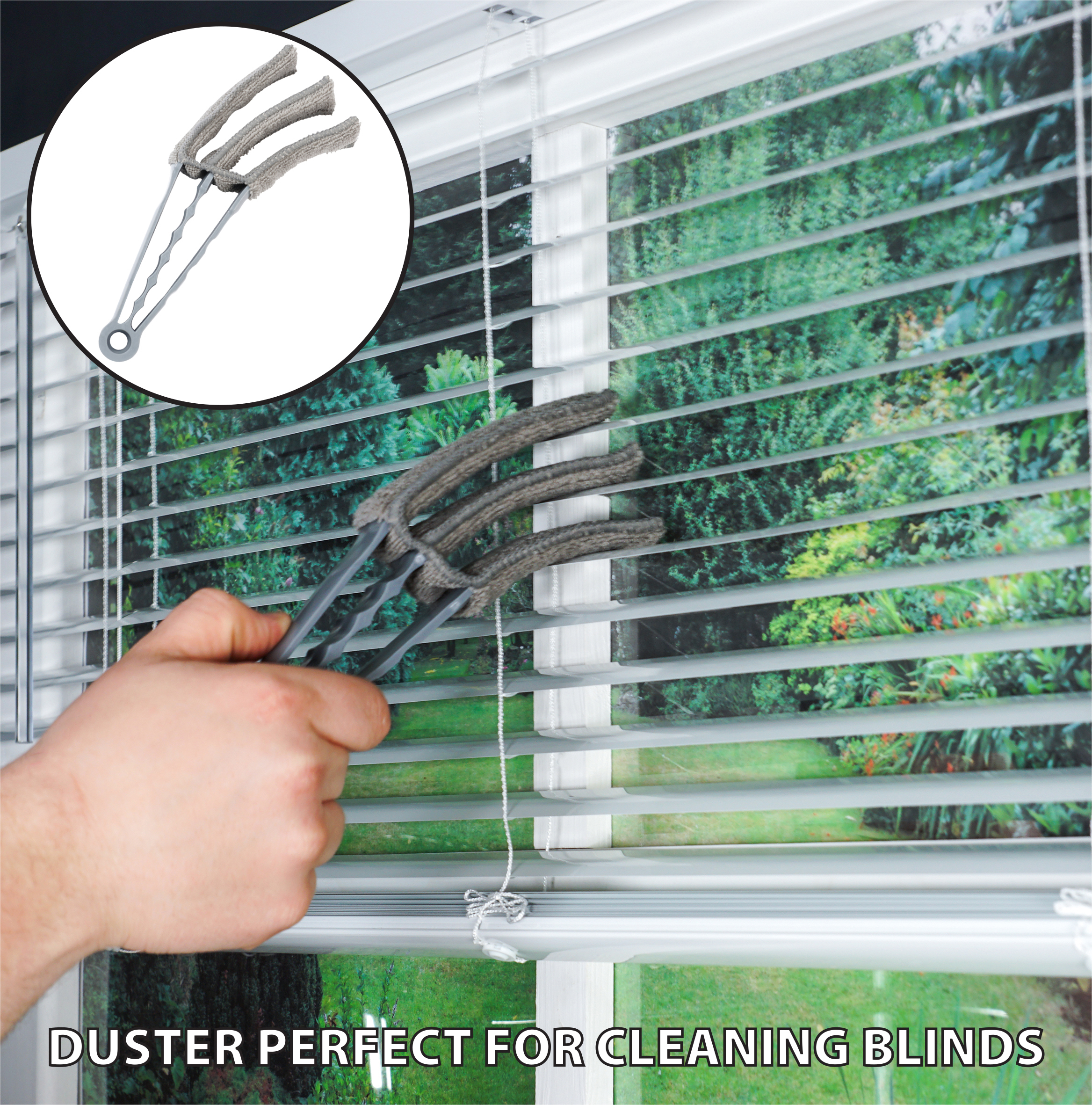 A person uses the 5 piece Professional Duster Kit With Extendable Telescopic Pole to clean horizontal window blinds, with text reading "DUSTER PERFECT FOR CLEANING BLINDS.