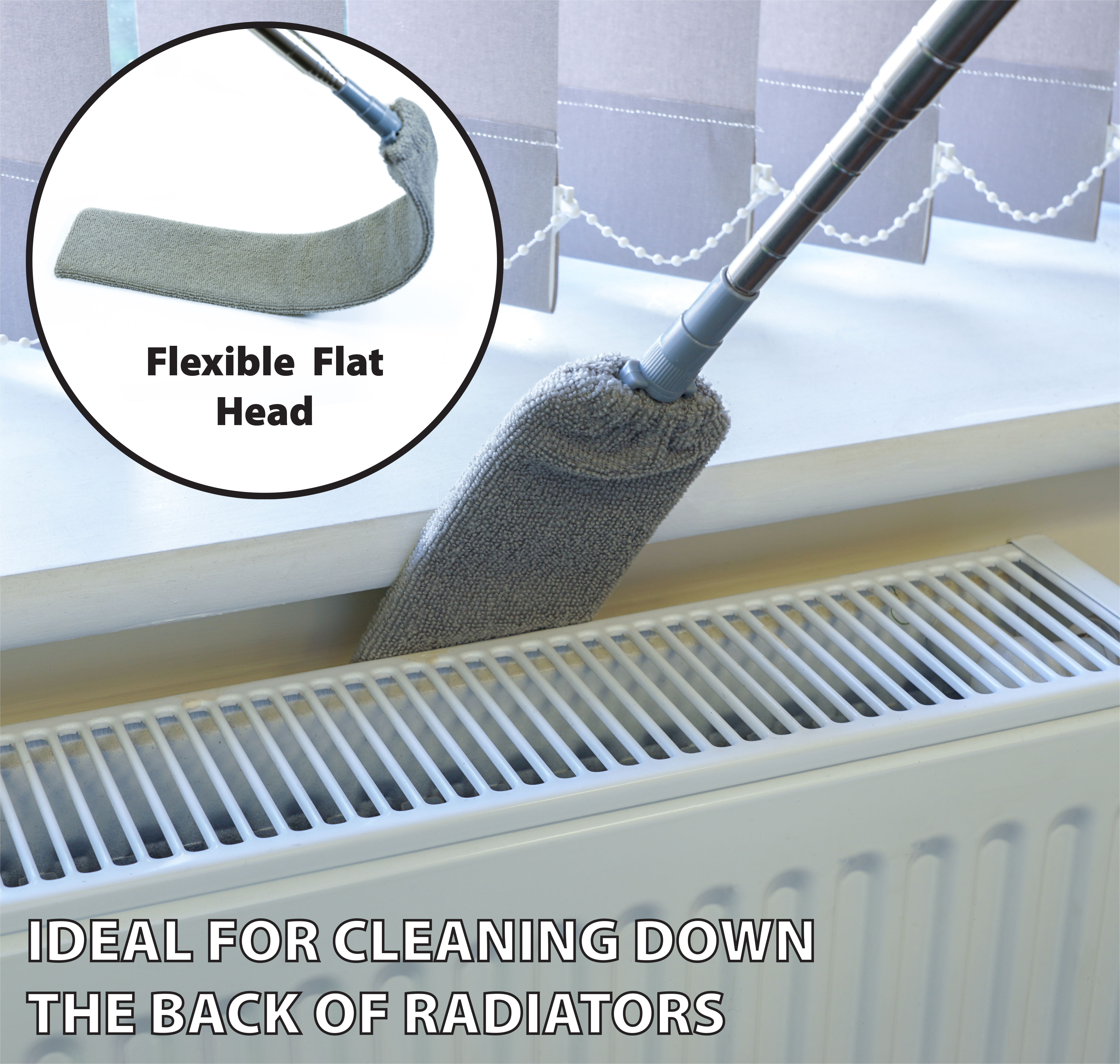 A cleaning scene shows the 5 Piece Professional Duster Kit With Extendable Telescopic Pole, featuring its flexible flat head being used behind a radiator; an inset highlights a close-up of the duster's head. Text reads: "IDEAL FOR CLEANING DOWN THE BACK OF RADIATORS.