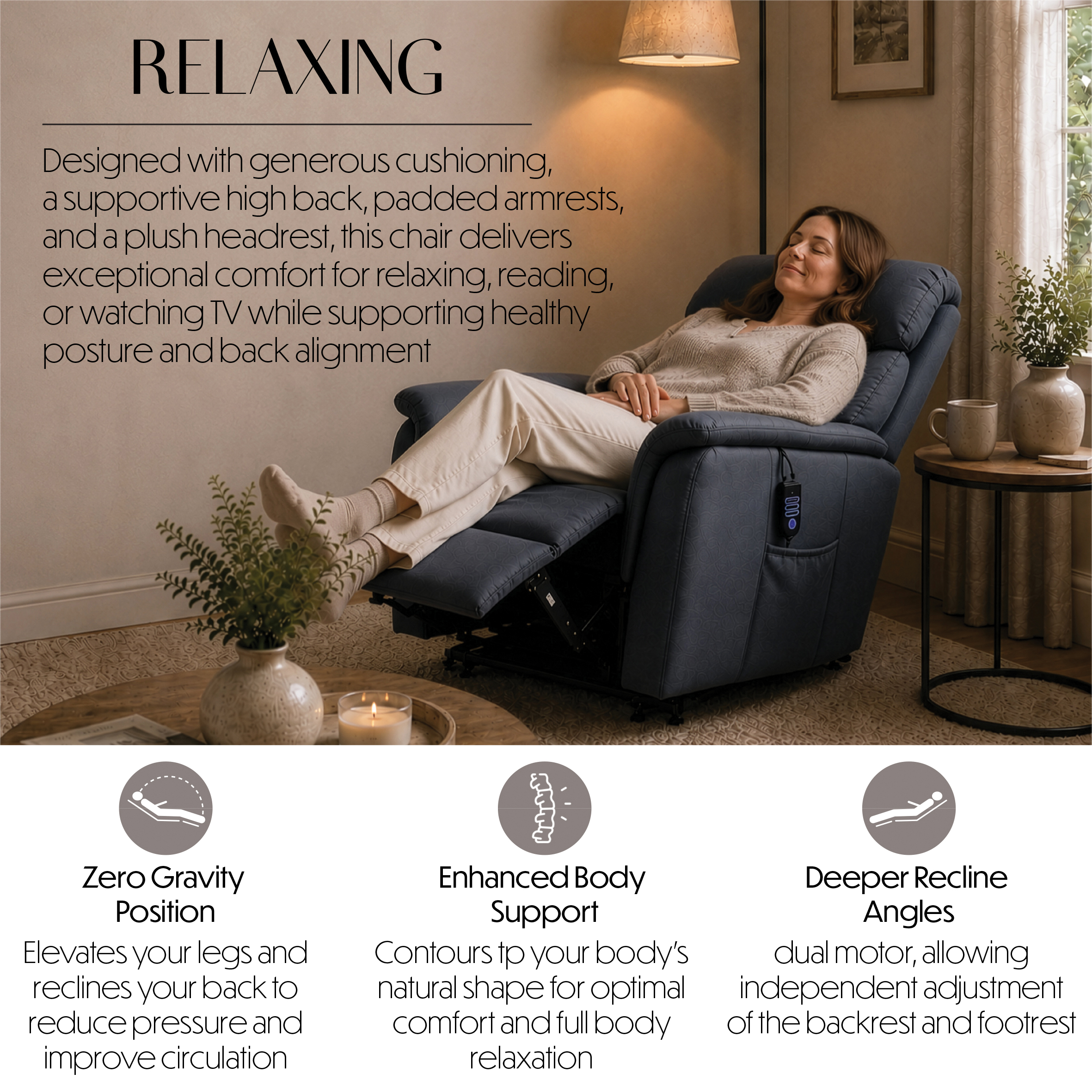 A woman sits comfortably in the Billingham Dual Motor Rise and Recline Chair in a cosy living room, smiling and relaxed, whilst text highlights the chair’s advanced comfort features and health benefits.