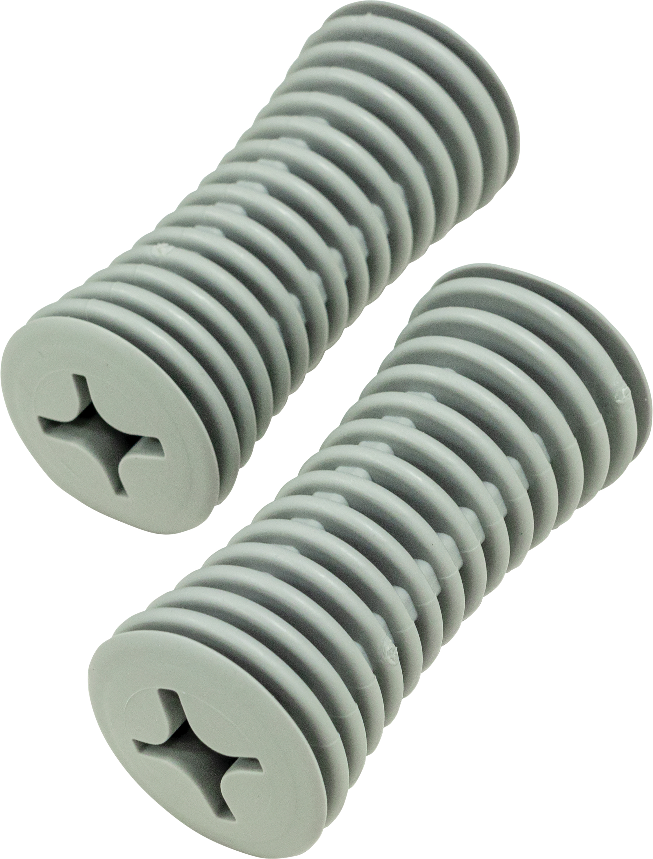 Two Universal Built-up Handles with a grey, ribbed plastic design and Phillips head screw slots, positioned parallel on a white background.