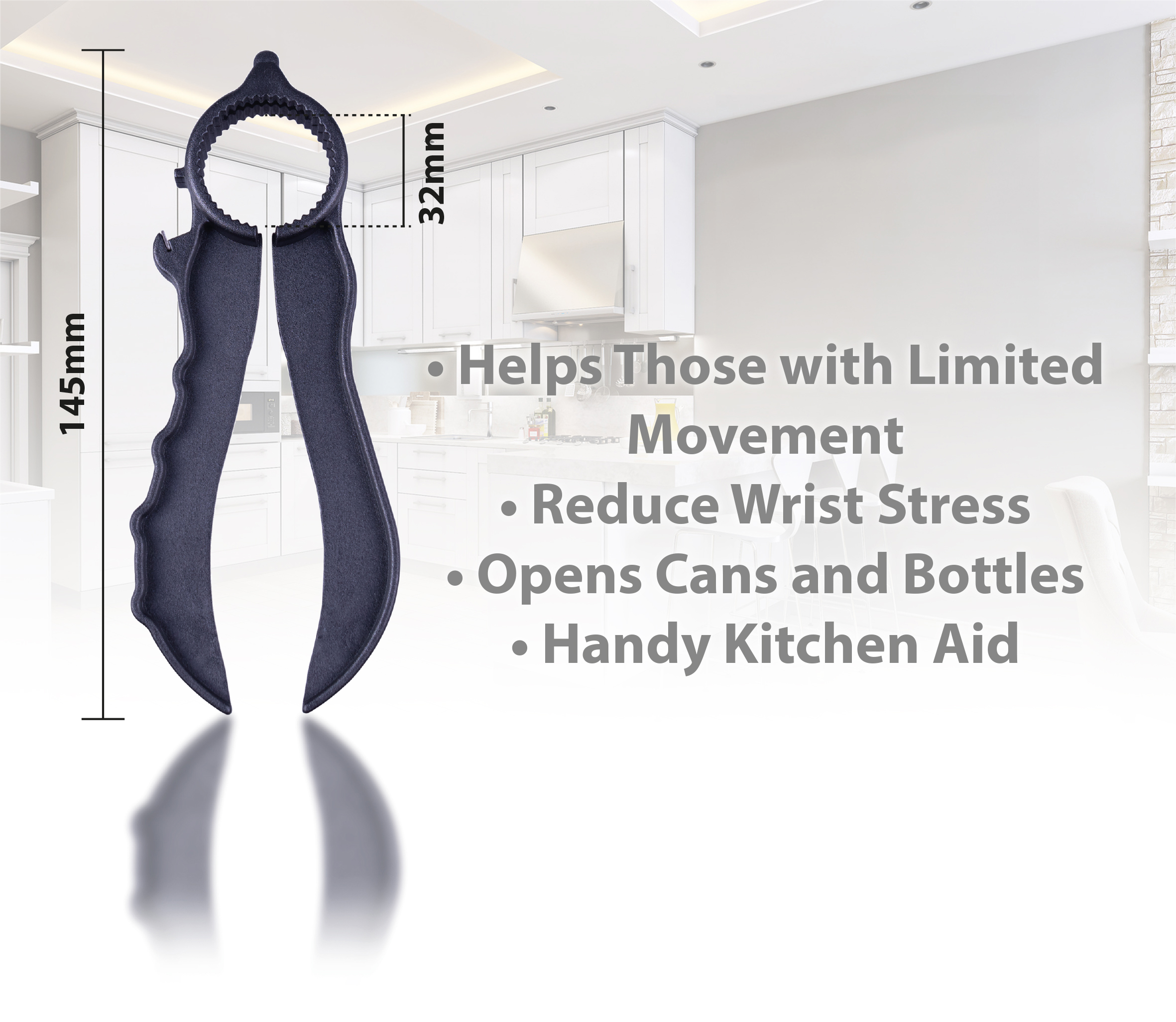 The Plastic Multi Opener, measuring 145mm in length and 32mm in width, is displayed upright in a contemporary kitchen. The accompanying text highlights its advantages for individuals with limited movement and emphasises how it makes opening tins and bottles easy.
