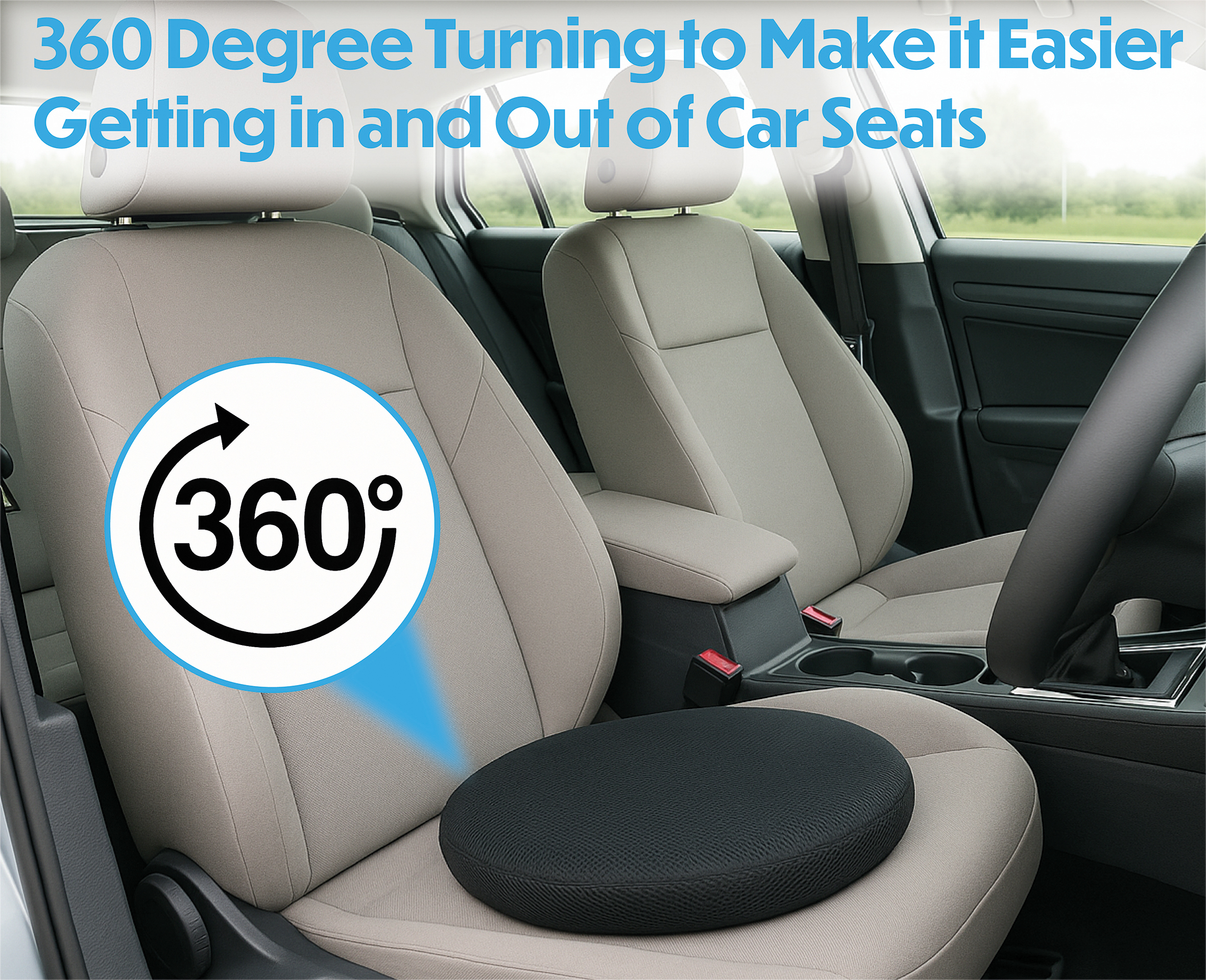 The SWIVEL SEAT CUSHION WITH COOLING GEL LAYER, seen on the driver’s seat, makes getting in and out of car seats easier with its black 360-degree swivel design and added comfort from the cooling gel layer.