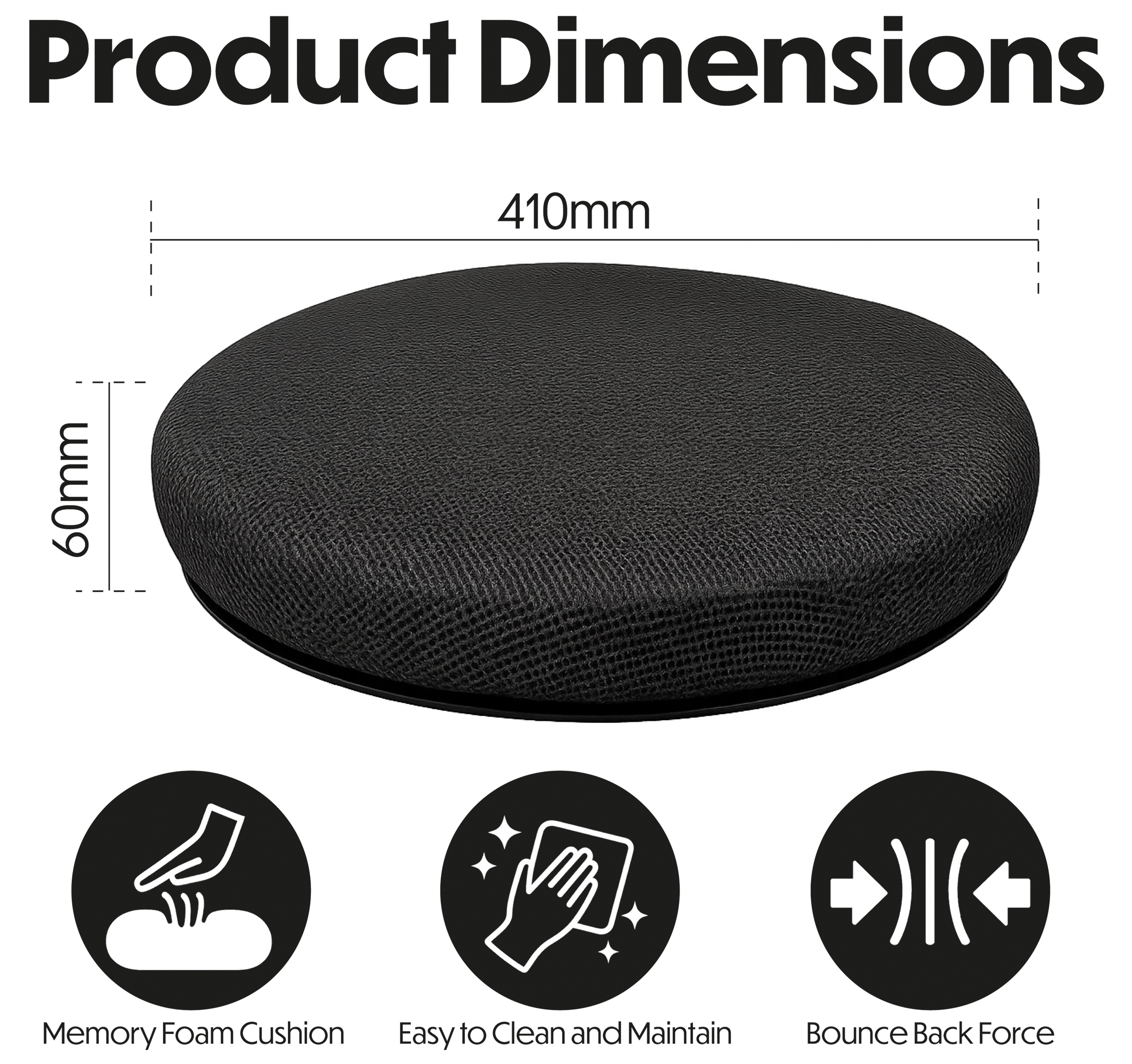 The SWIVEL SEAT CUSHION WITH COOLING GEL LAYER is a round black cushion (410mm diameter, 60mm height) featuring memory foam, easy cleaning, bounce-back force, and cooling gel; three related icons are shown below the cushion.