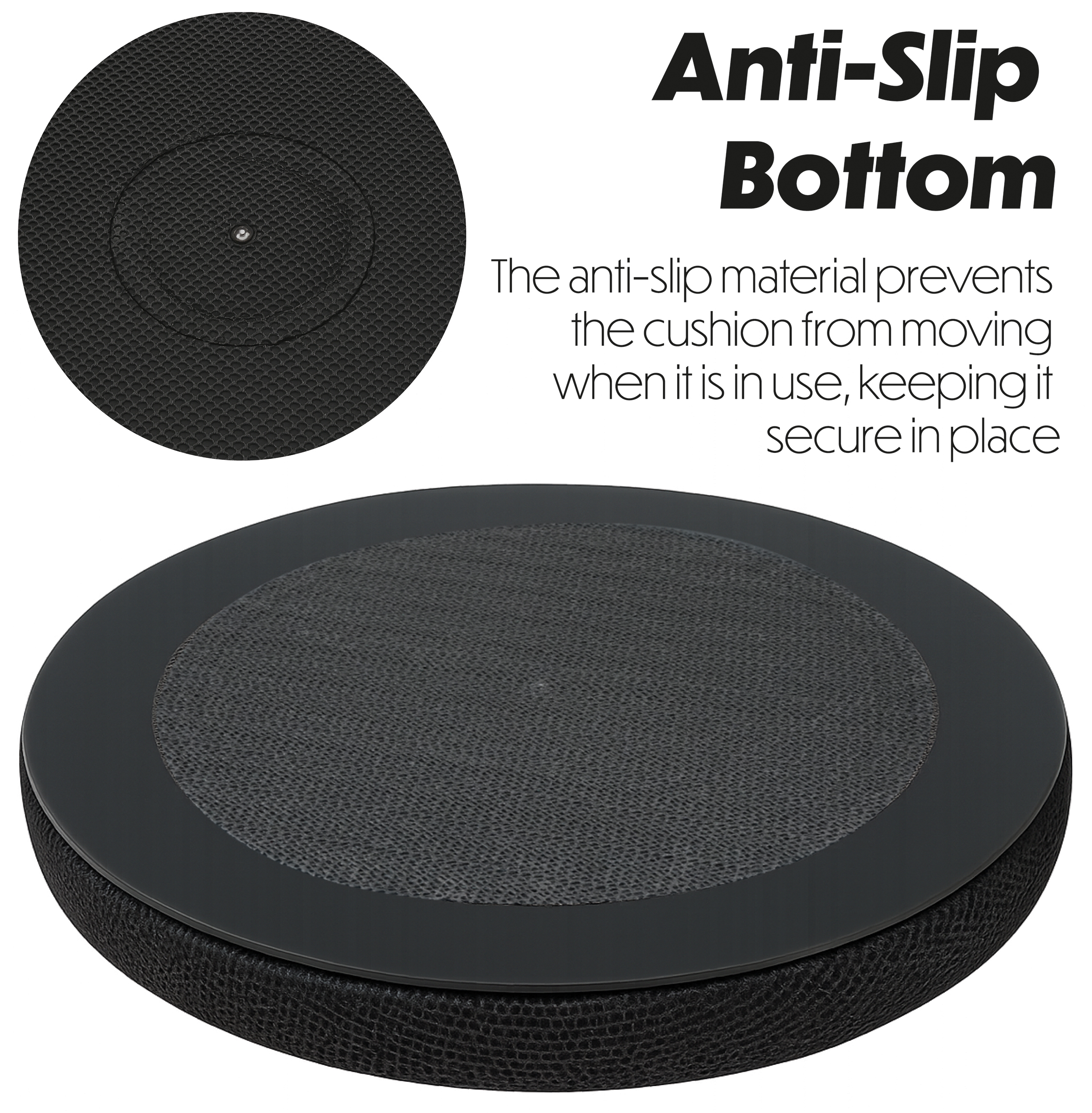 The SWIVEL SEAT CUSHION WITH COOLING GEL LAYER features a round black design and a textured, anti-slip bottom that keeps the cushion securely in place during use.
