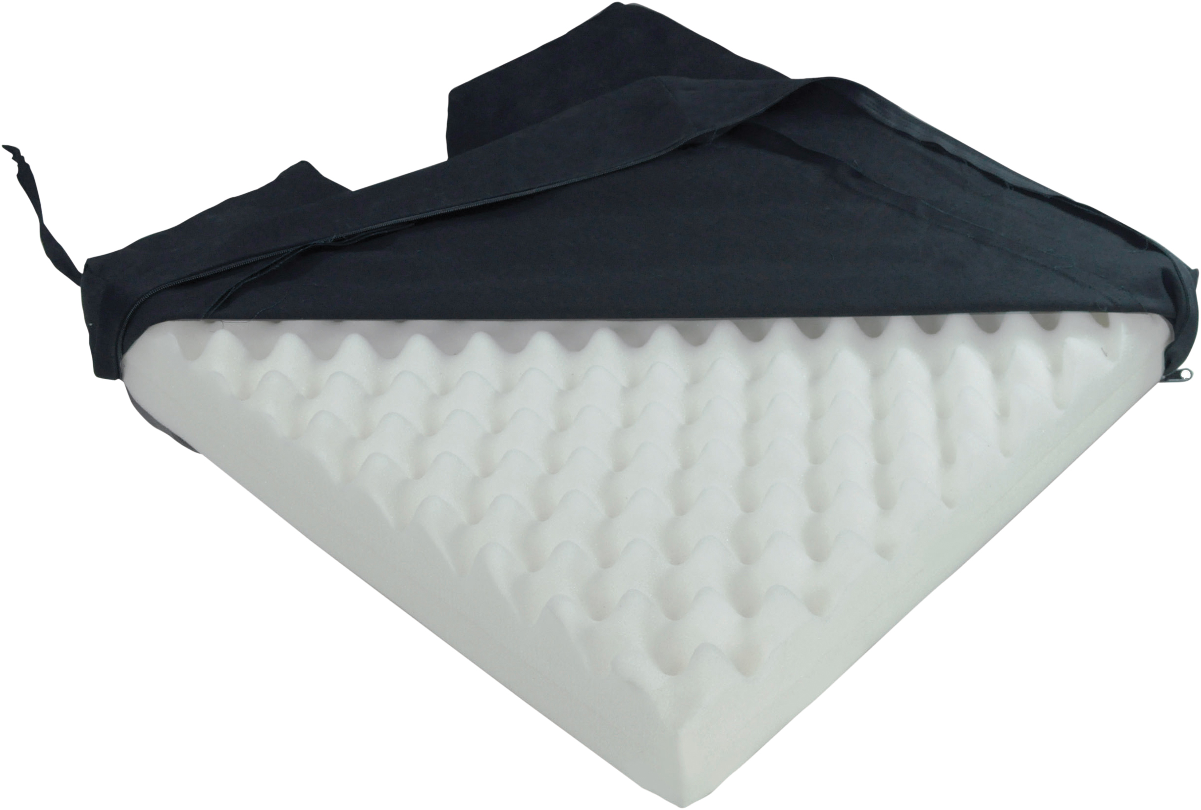 The Deluxe Pressure Relief Orthopaedic Coccyx Cushion features a wedge-shaped, egg crate foam design and a black fabric cover that's partially unzipped and pulled back.