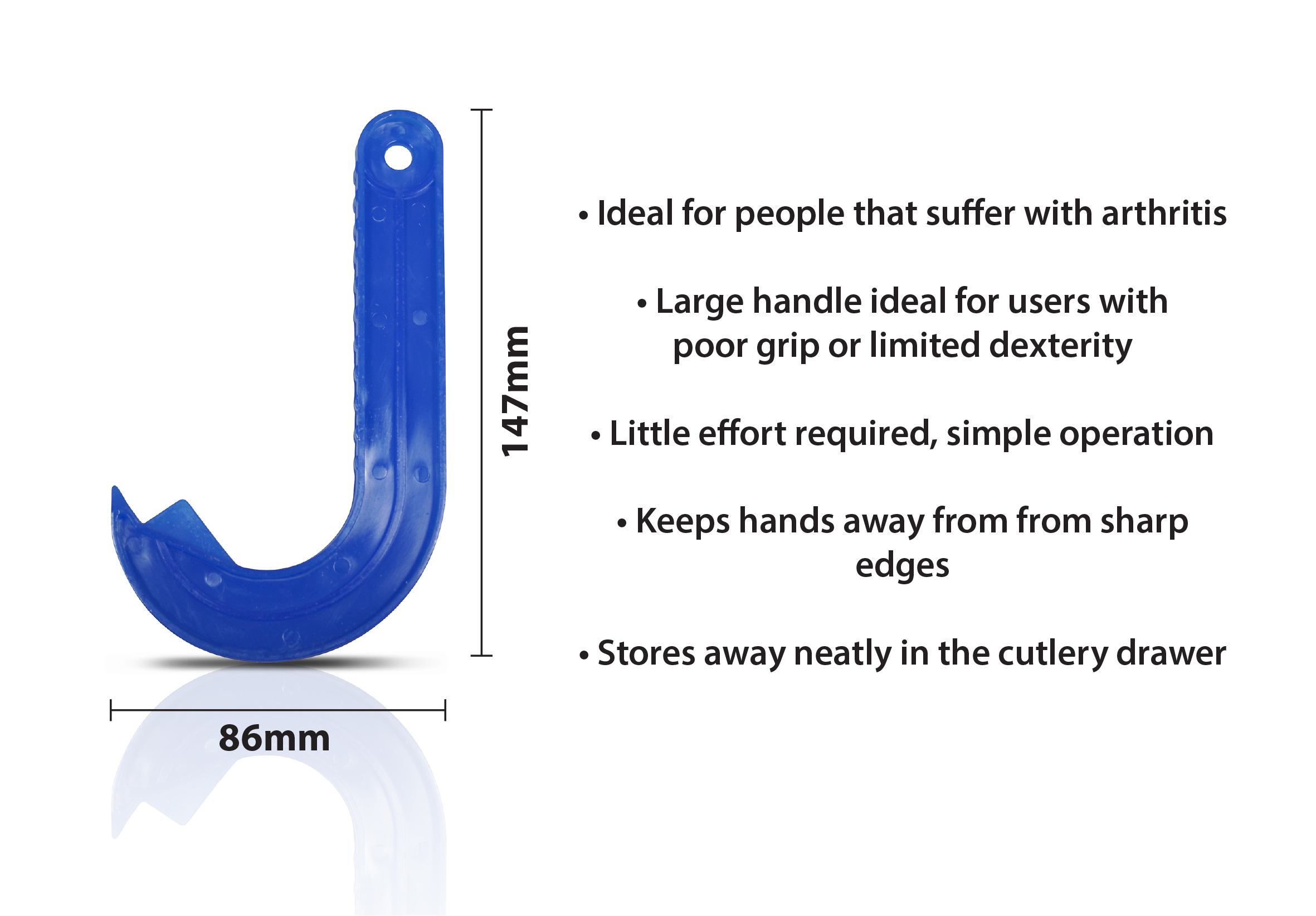 The Ring Pull Can Opener is a blue, J-shaped kitchen tool measuring 147mm in length and 86mm in width, designed for arthritis sufferers with easy operation and safe, compact storage.