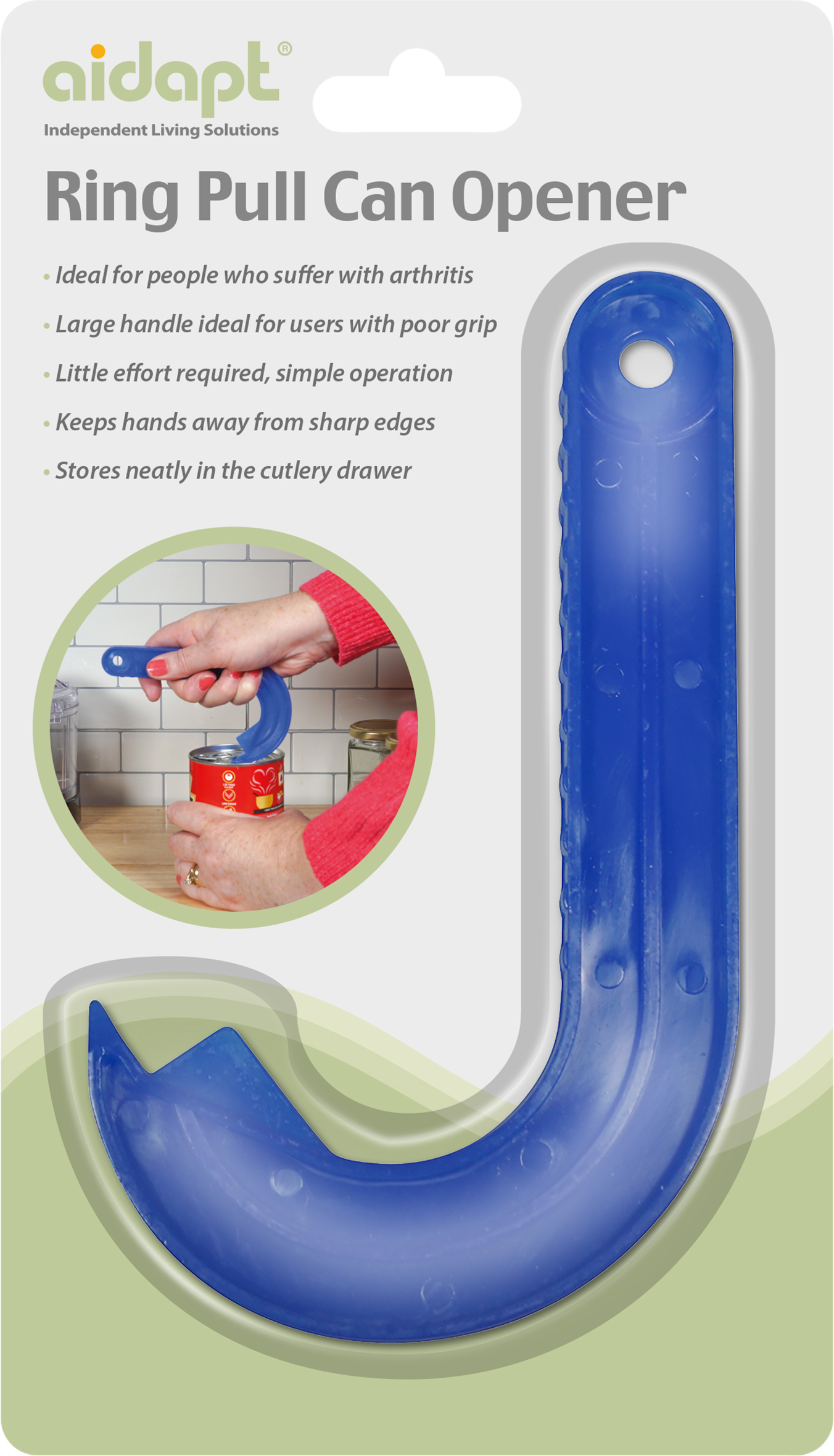 Ring Pull Tin Opener in blue plastic, packaged with usage instructions and a photo demonstrating it opening a tin.
