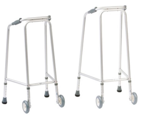 Two-Wheeled Domestic Walking Frames with hand grips and front wheels stand side by side on a plain background.